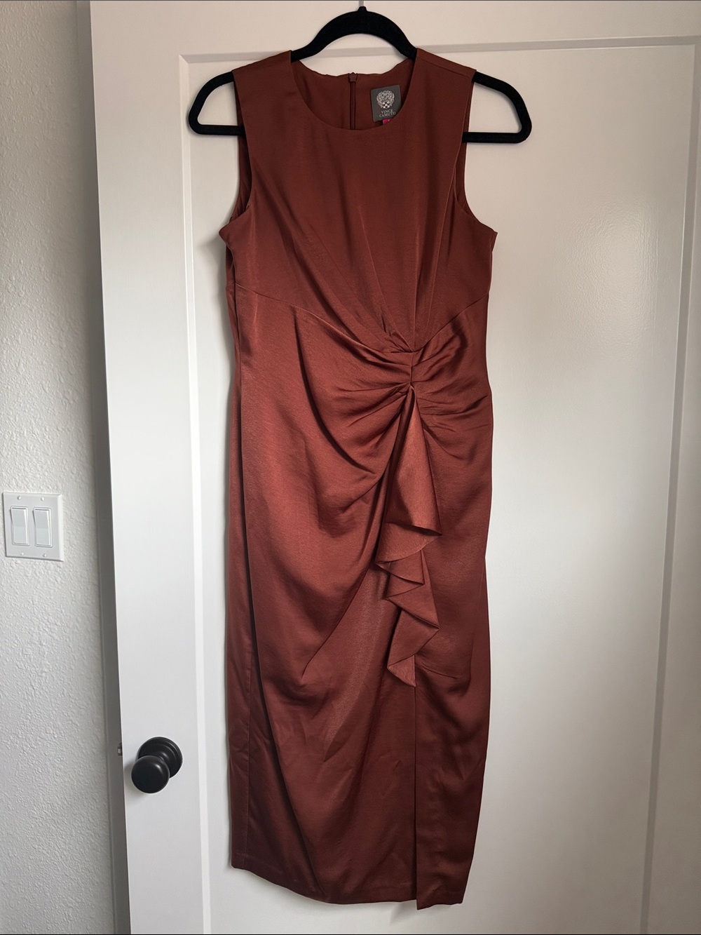 Vince Camuto Ruffle Detail Sleeveless Satin Sheath Midi Dress